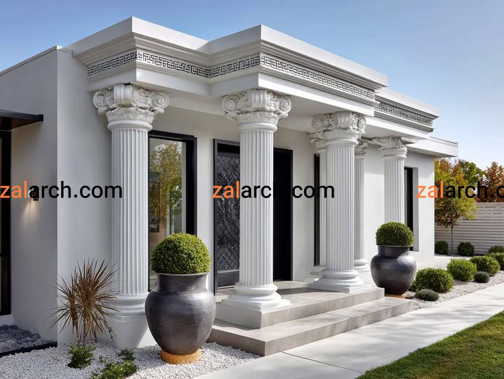 نمای رومی مدرن با ستون‌های کلاسیک و حجم‌پردازی ساده