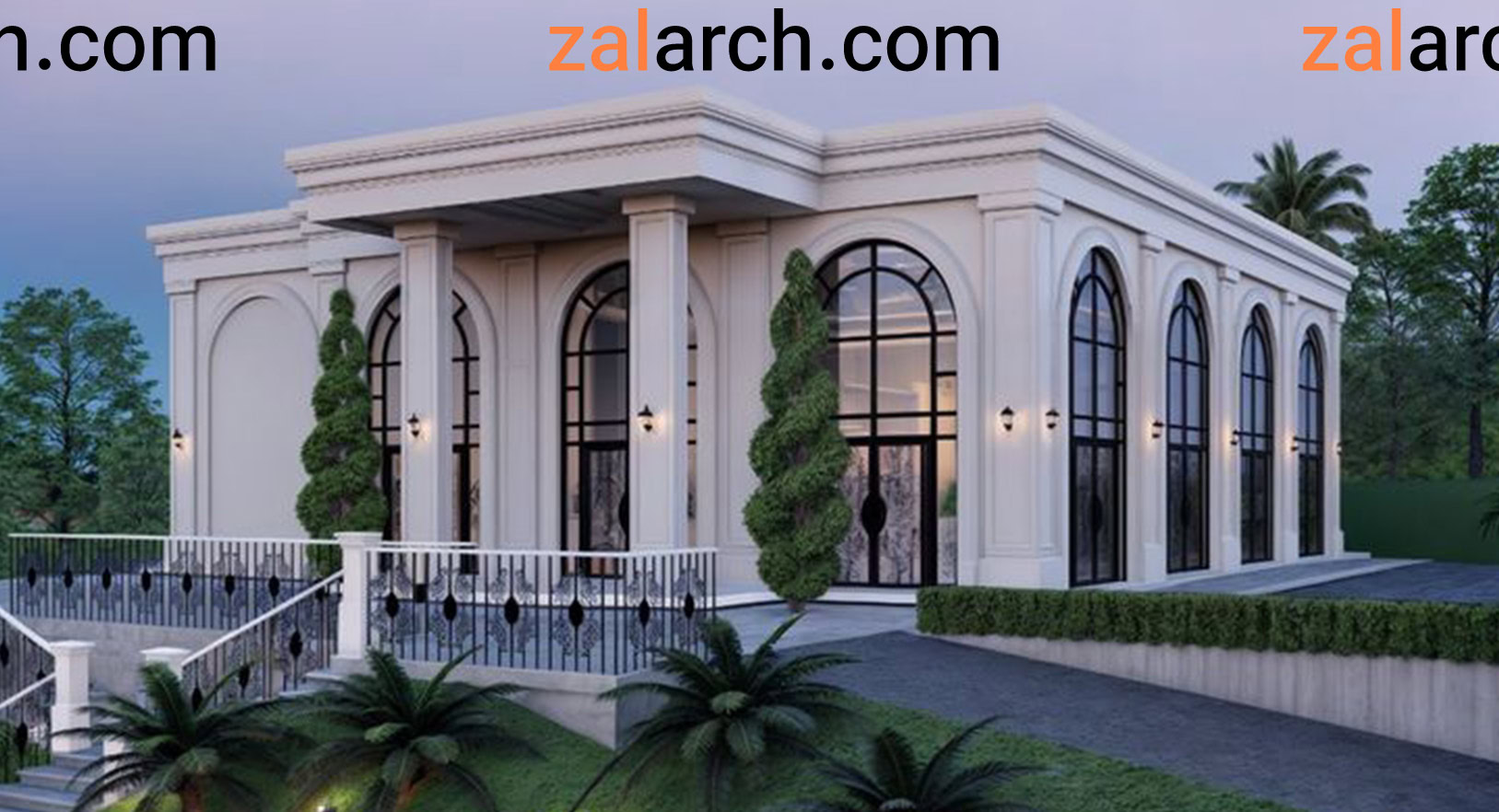 نمای رومی ویلای یک‌طبقه با ستون‌های کلاسیک و ورودی شاخص