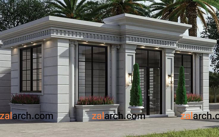 نمای رومی ویلای یک‌طبقه با قاب‌بندی کلاسیک و پنجره‌های بزرگ