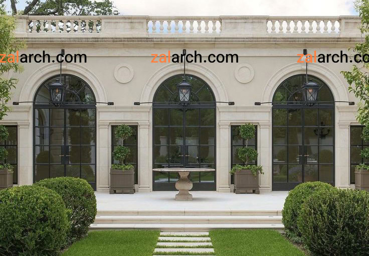 نمای یک طبقه رومی ویلایی با تقارن کامل، قوس‌های بزرگ و محوطه‌سازی منظم