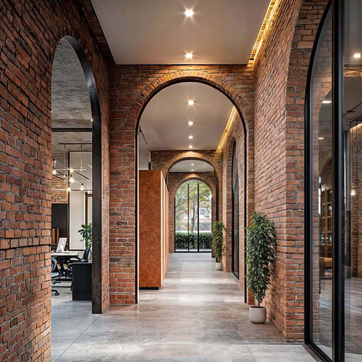 راهروی آجری با طاق‌های قوسی در ویلای سنتی ایرانی