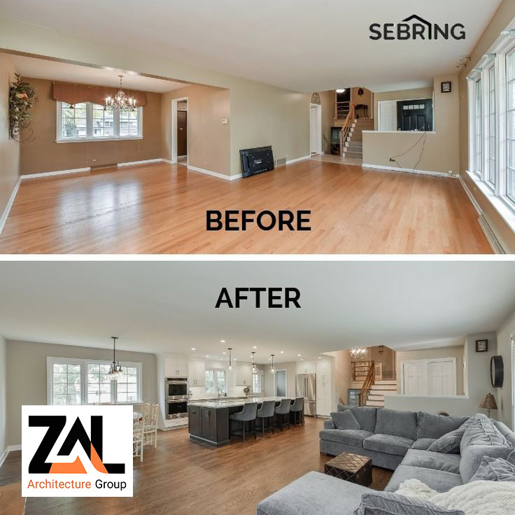 قبل و بعد از بازسازی فضای نشیمن خانه