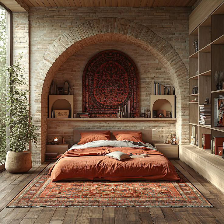 اتاق خواب ویلای سنتی با طاق آجری و فرش ایرانی