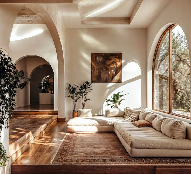 نشیمن ویلای سنتی با طاق قوسی و نور طبیعی گرم