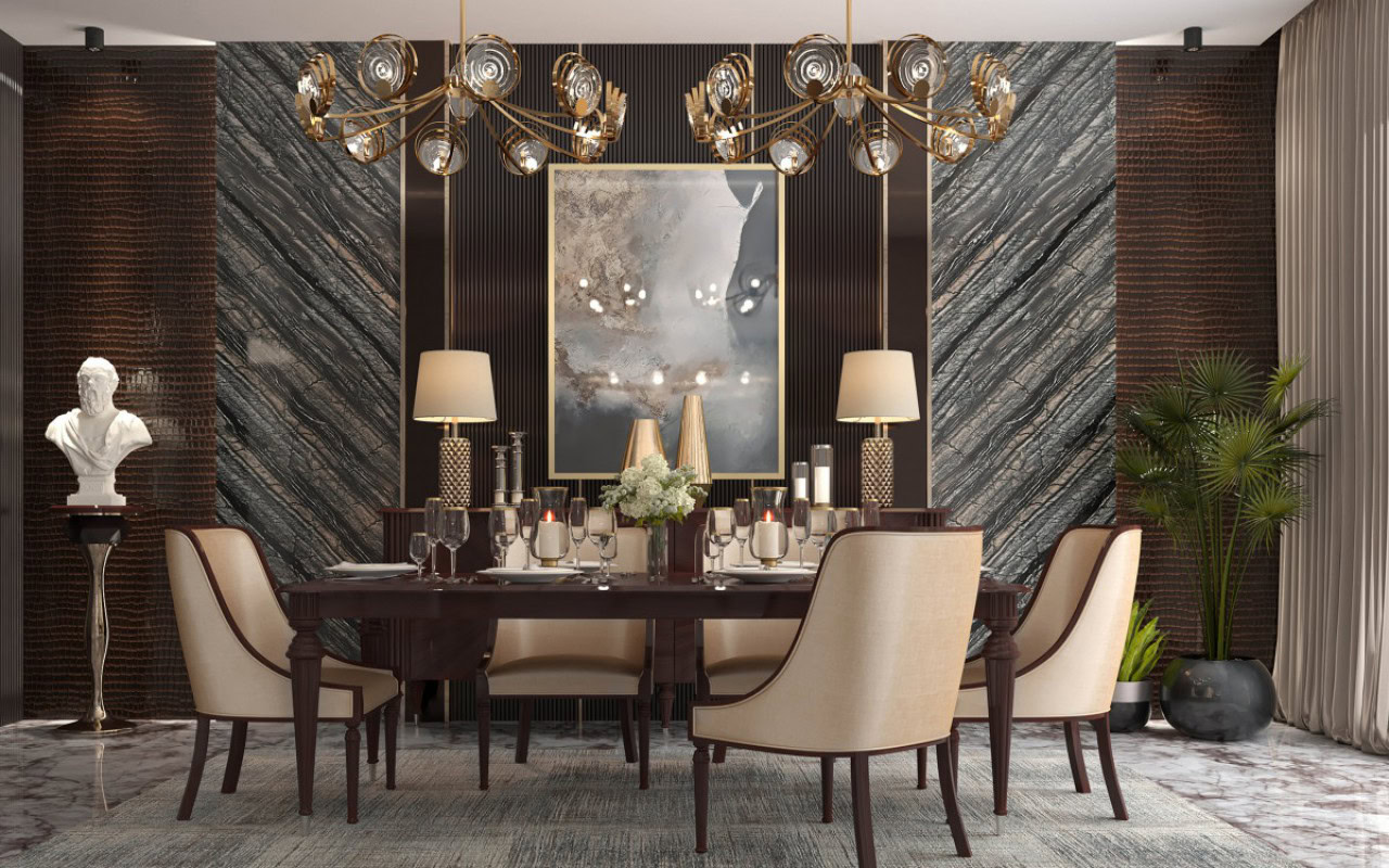 فضای ناهارخوری لوکس ترکی با دیوار سنگی