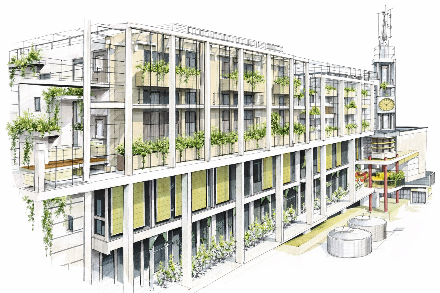 اسکچ طراحی نمای مسکونی مدرن با تراس سبز