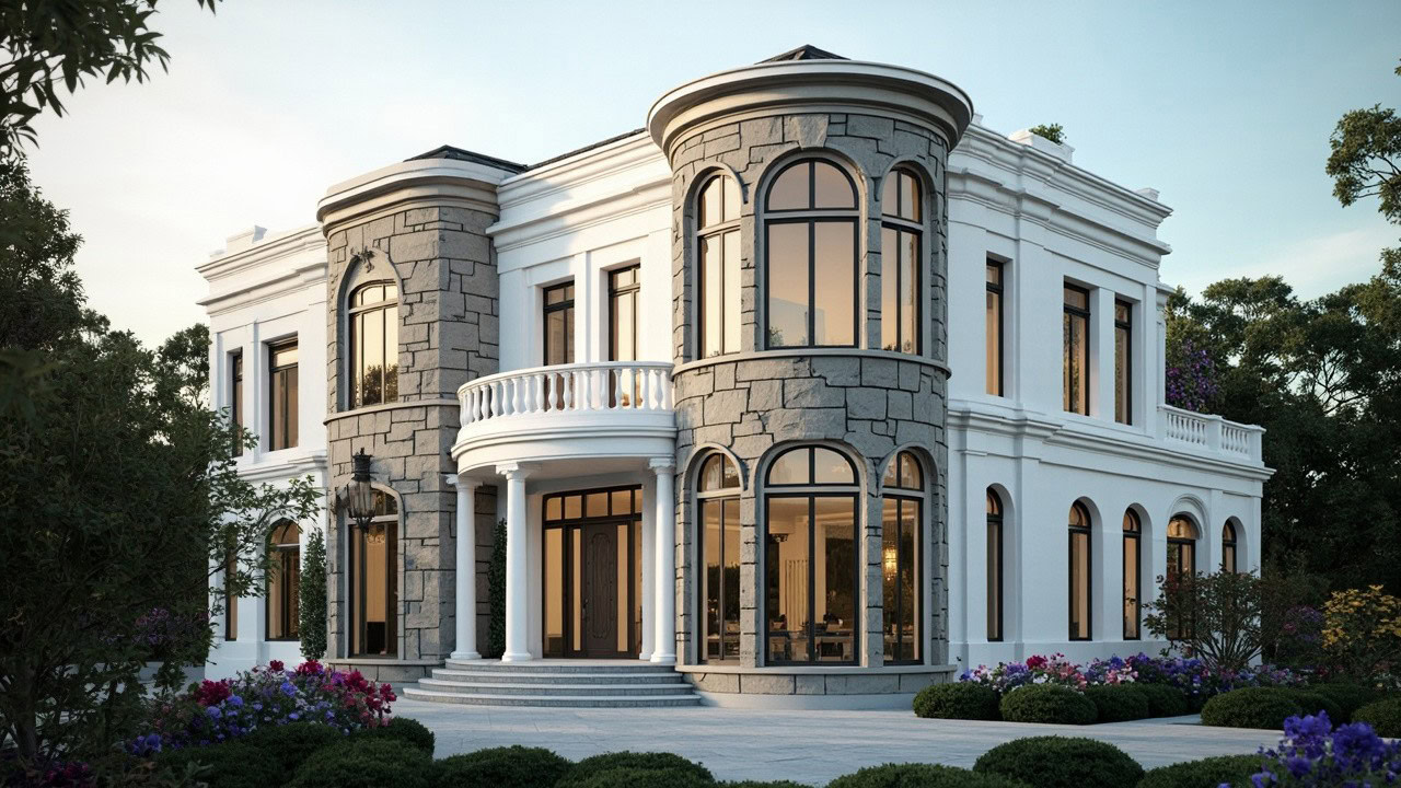 طراحی نمای ویلا کلاسیک سنگی با جزئیات ستون‌دار