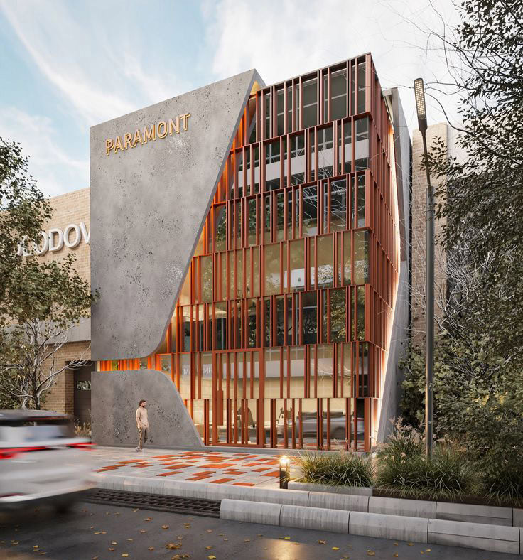 طراحی نما مدرن اداری با پوسته فلزی عمودی