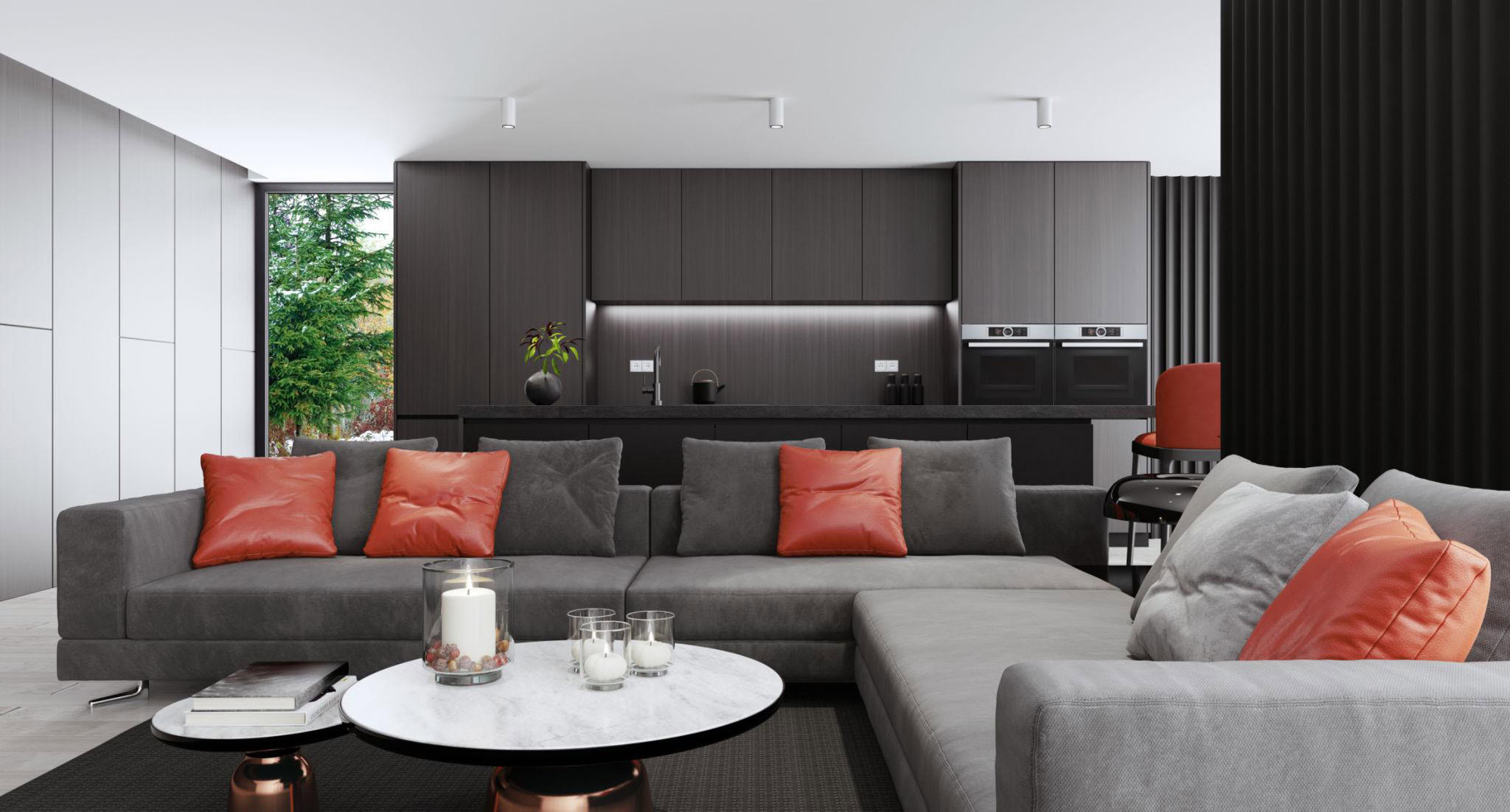 نشیمن مینیمال ترکی با آشپزخانه تیره مدرن