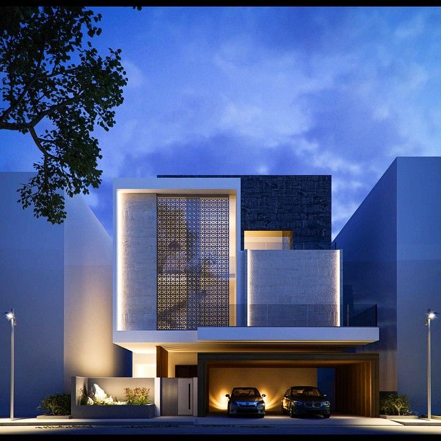 نمای مدرن مسکونی با نورپردازی شبانه خطی