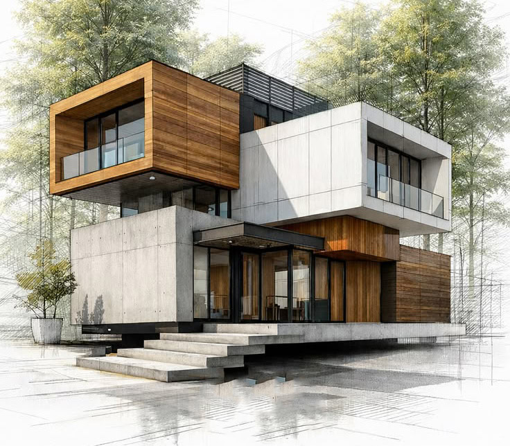 طراحی نمای ویلا مدرن با بتن و چوب