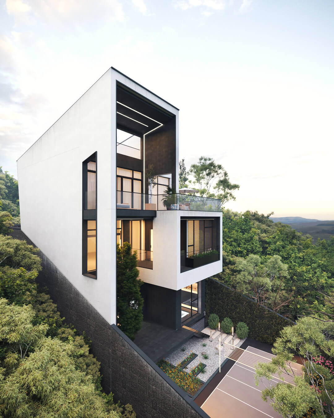 نمای ویلای مدرن دوبلکس در زمین شیبدار