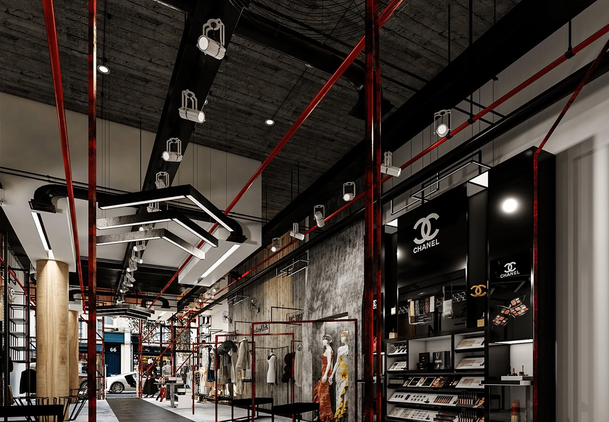 سبک دکوراسیون مغازه صنعتی با سازه فلزی نمایان