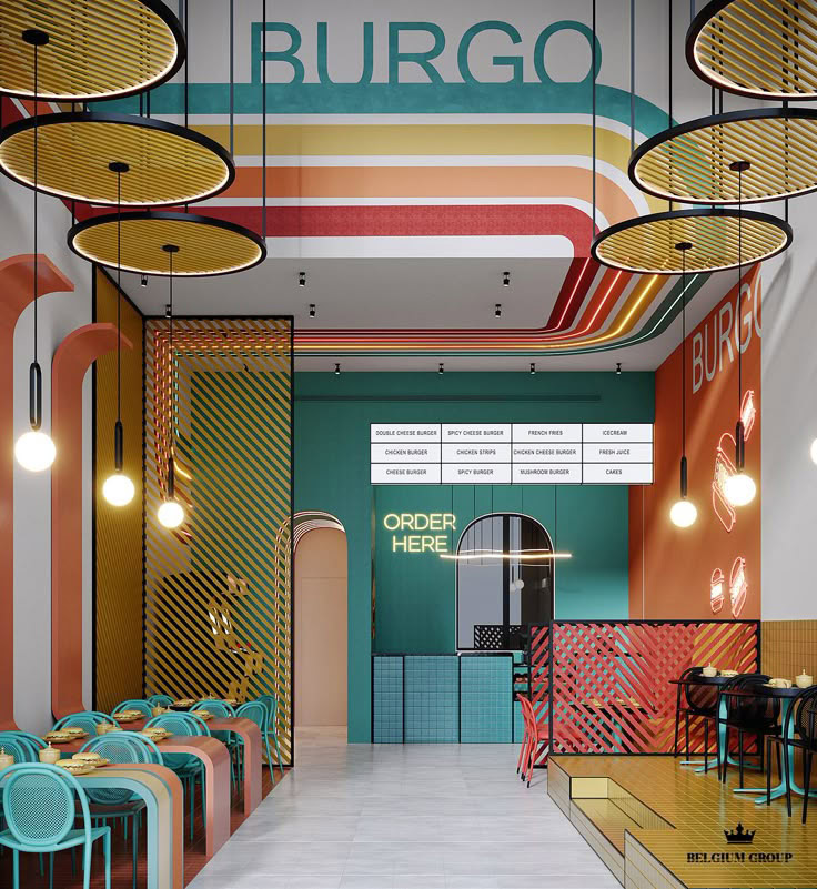 طراحی داخلی فست فود با سقف رنگی و نور خطی