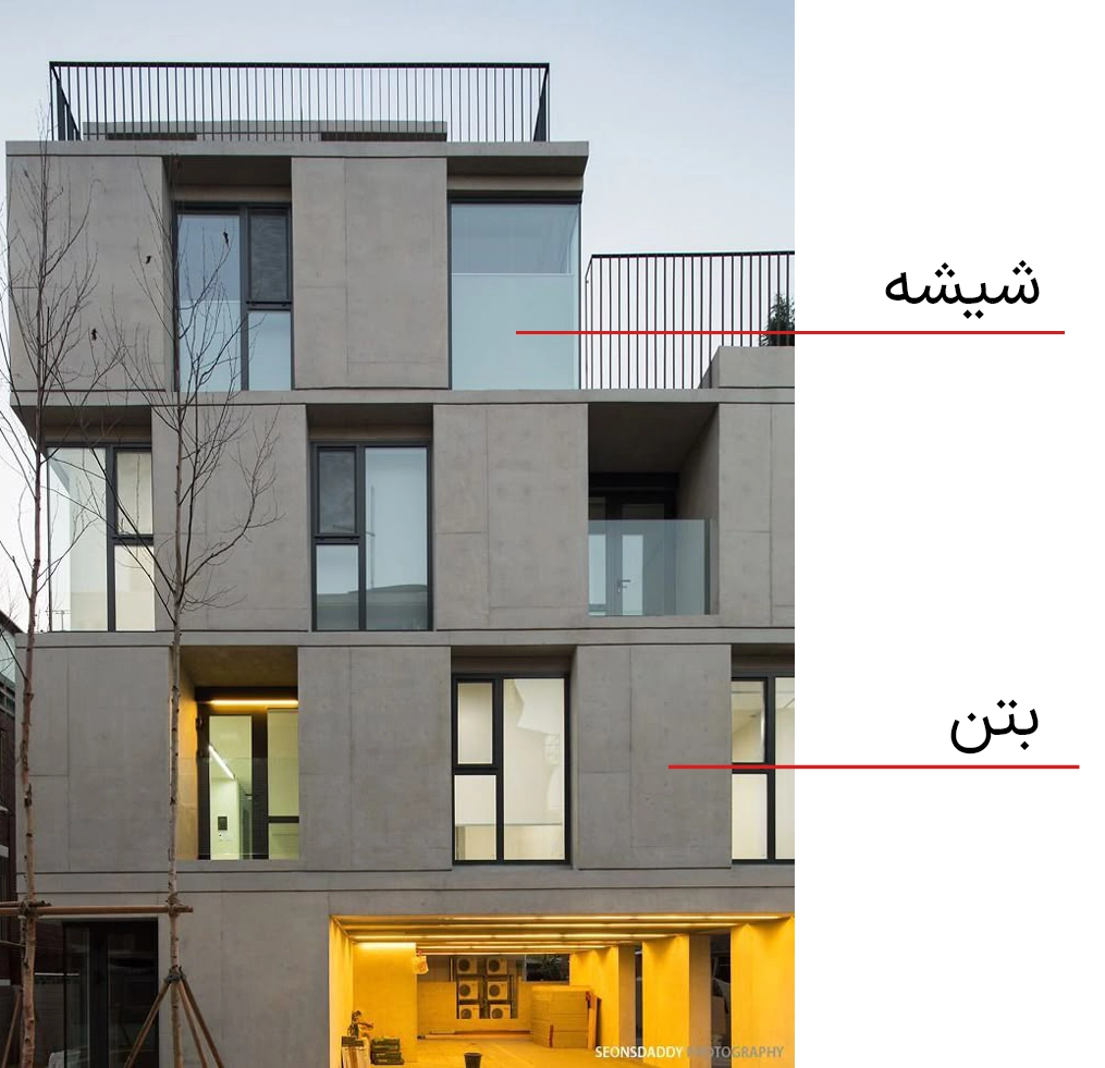 ترکیب بتن، شیشه و آهن در نمای مدرن